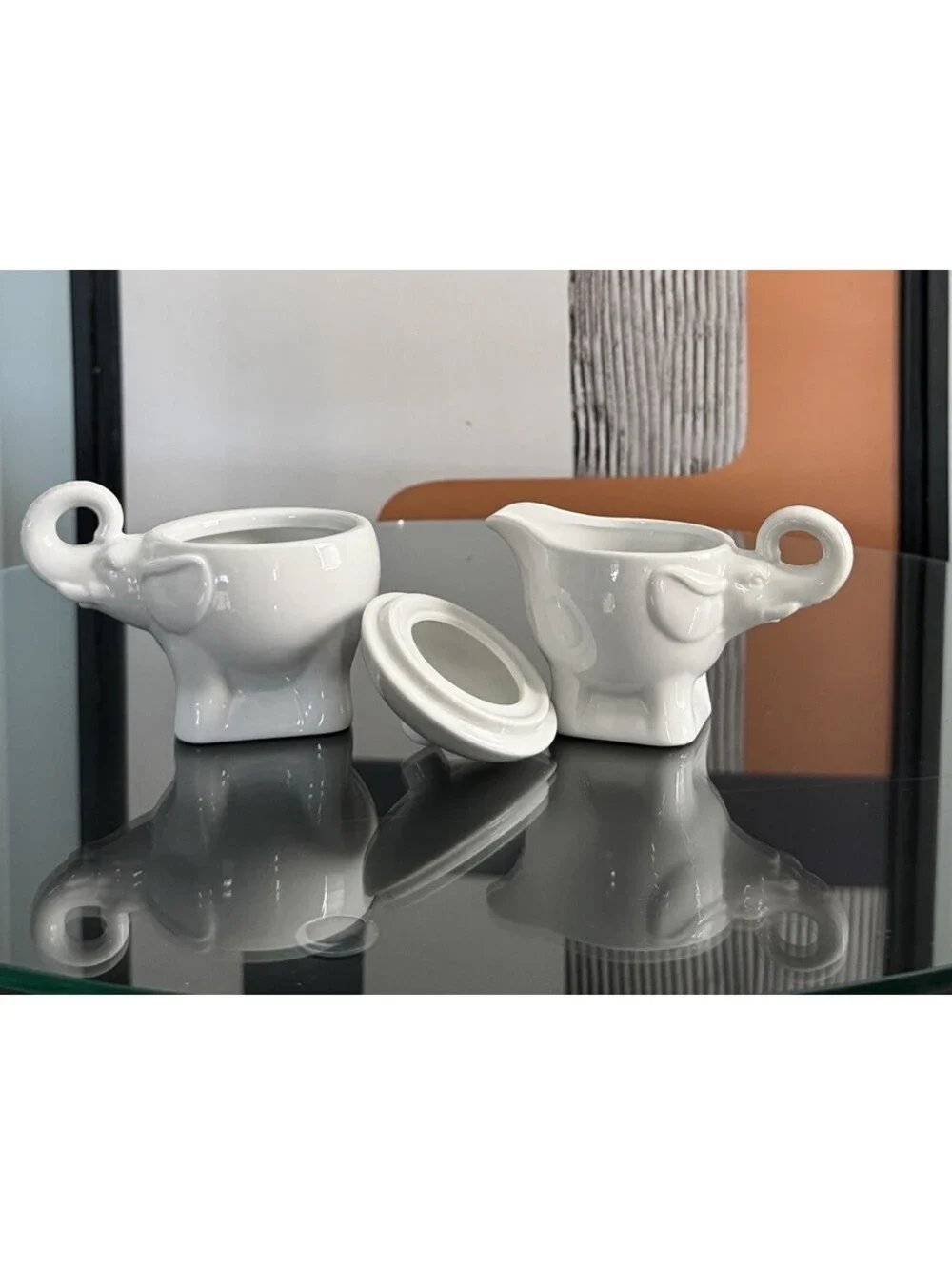 Pier 1 Elephant Creamer & Sugar Bowl Set with Lid Trunks Up White Elephant Gift